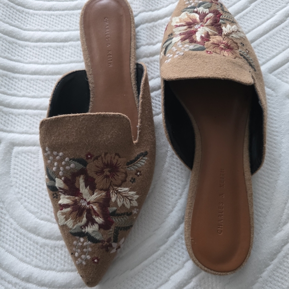 Charles & Keith Shoes - Charles & Keith Brown Floral Embroidered Mules